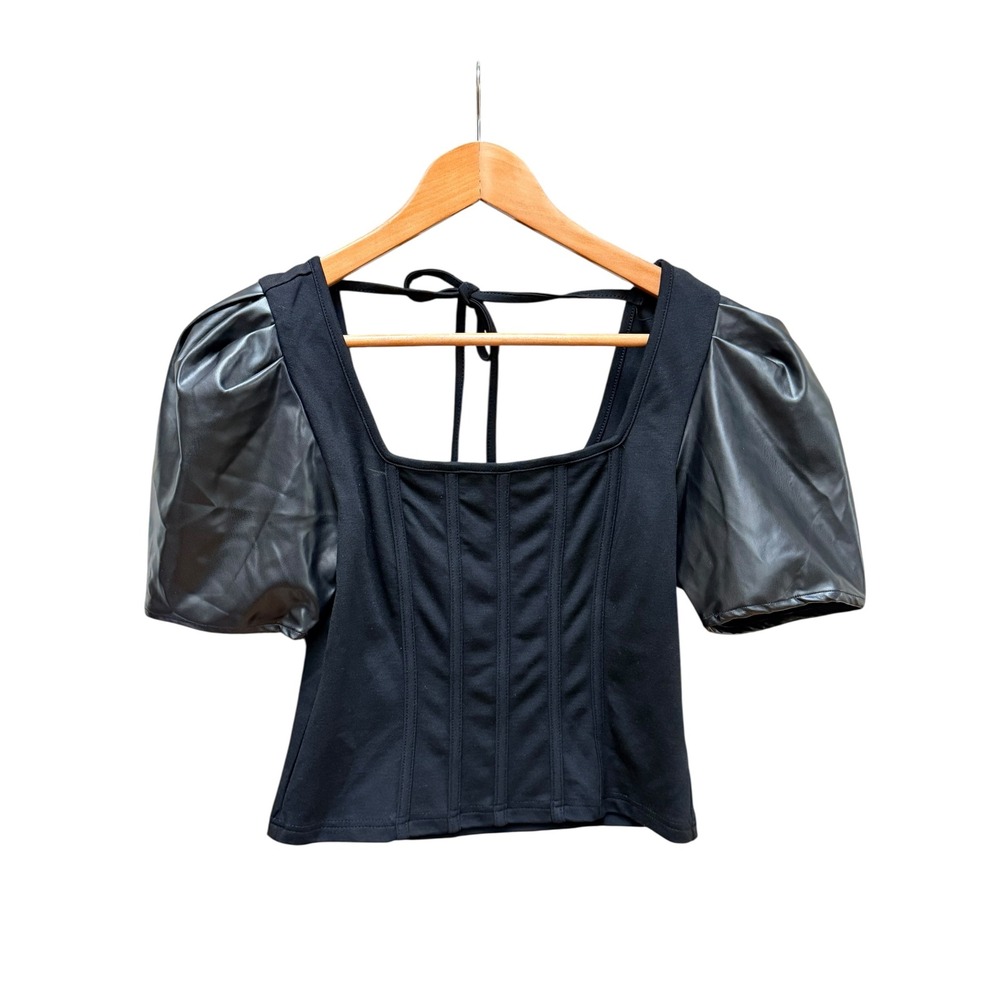 NWT Fabrik Vegan Leather Sleeve Corset Crop Top Black Whimsigoth Fairy Grunge SM